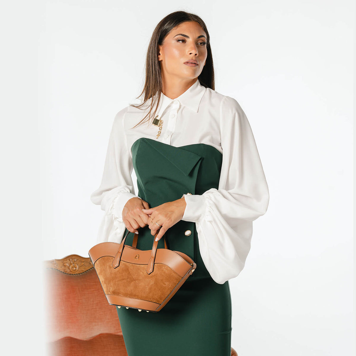 FLAMINIA SMALL SUEDE Borsa in pelle e camoscio con tracolla regolabile