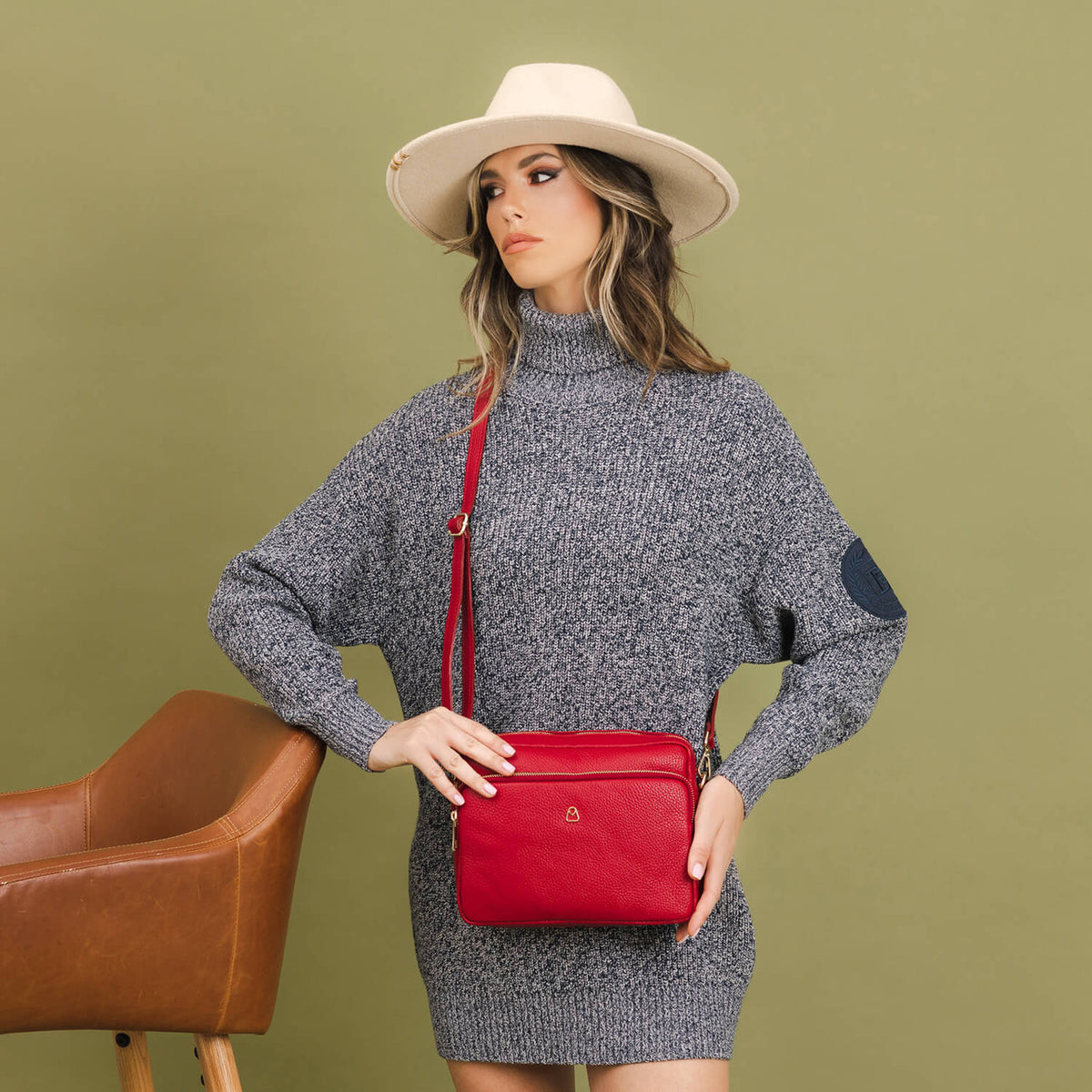 GIULIANA Camera Bag a Tracolla in pelle con tasca frontale