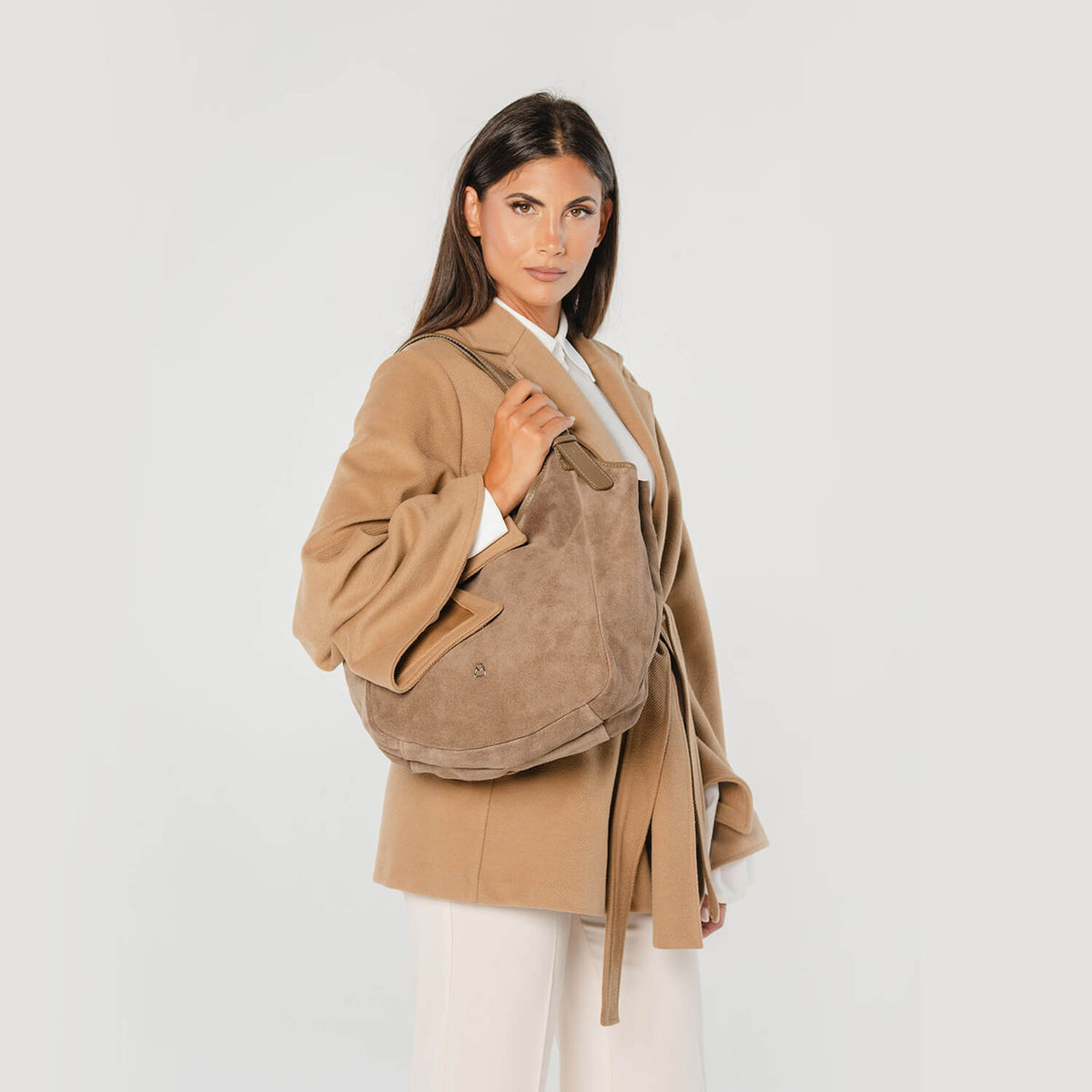 LUANA Shopper Bag a spalla in Suede con manico in pelle regolabile
