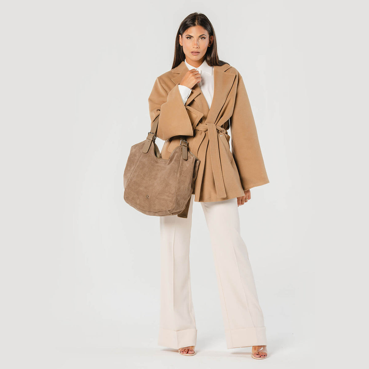 LUANA Shopper Bag a spalla in Suede con manico in pelle regolabile